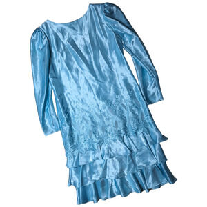 Vtg 1980s Karen Lawrence Sky Blue Satin Drop Waist Tiered Midi Sheath Dress 12